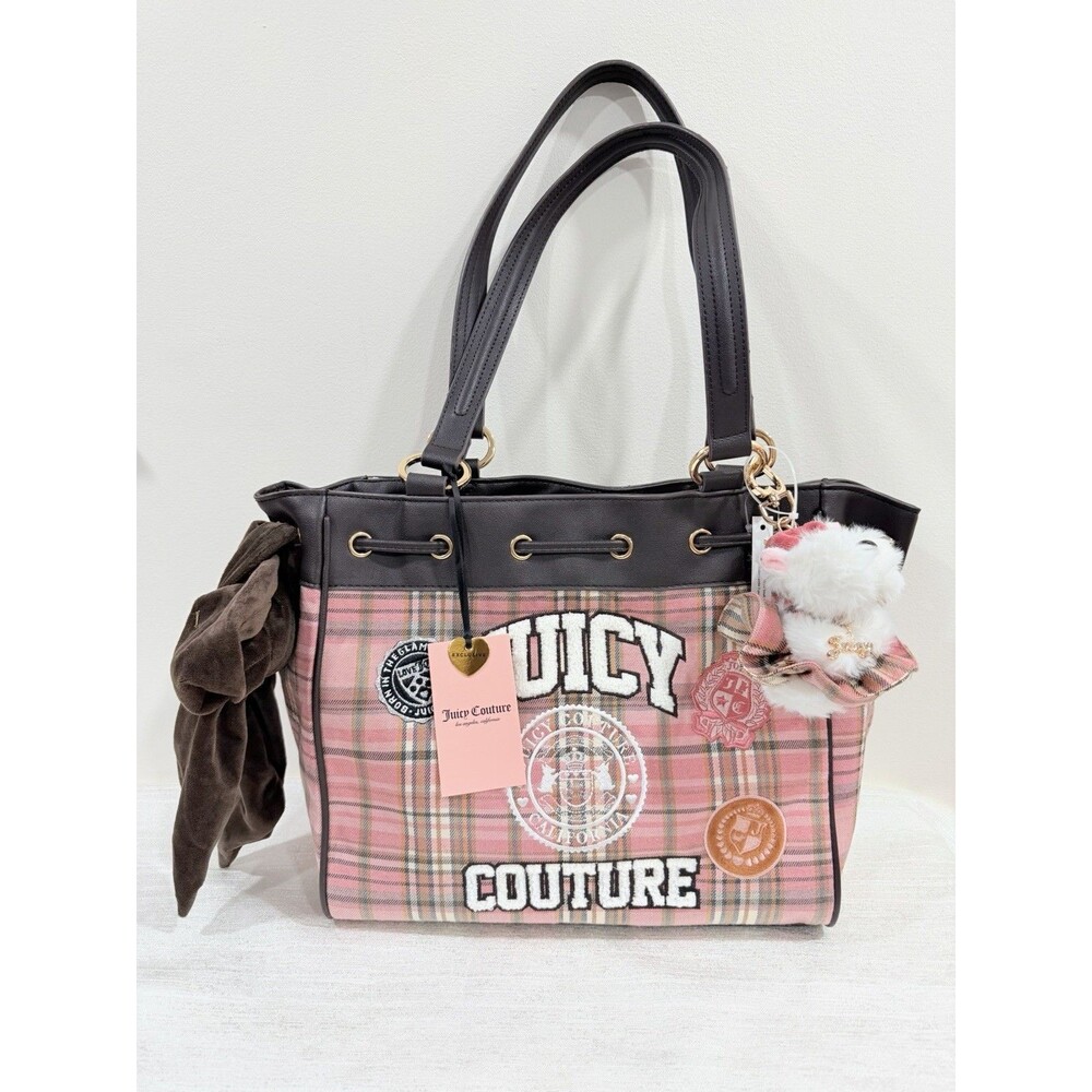 Juicy Couture Varsity Plaid Pink Brown Daydreamer Tote~Scottie Dog Charm~NWT